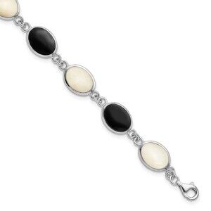 925 Sterling Silver Genuine RH-plated Onyx & Mother of Pearl Bracelet